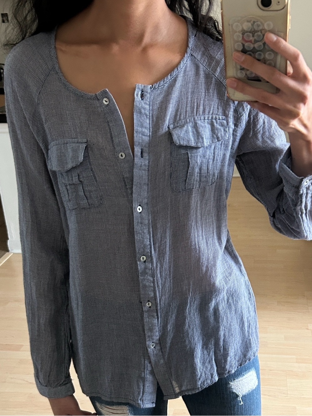 Brand New Zara Blue White Gingham Lightweight Button Down Blouse
